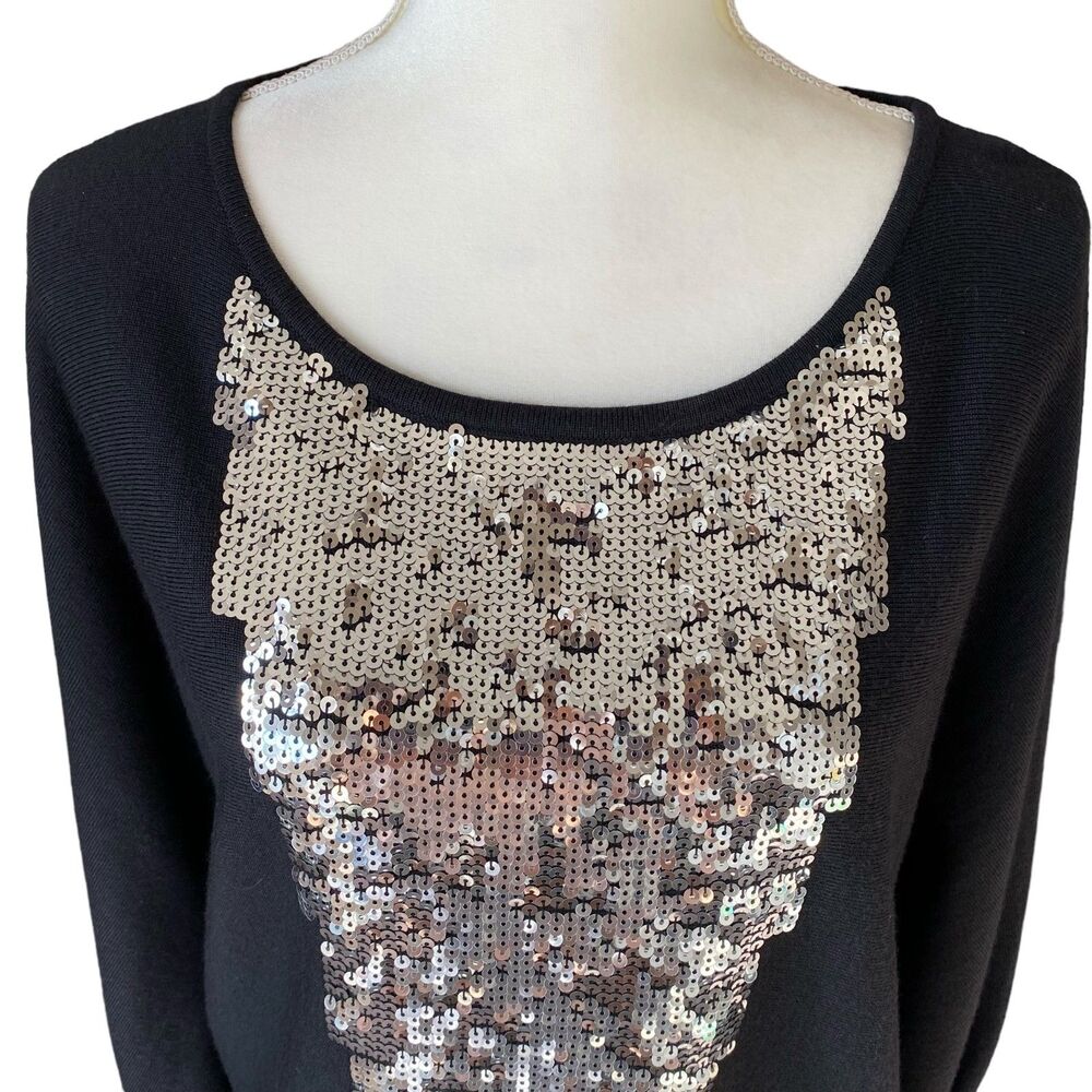TRINA TURK Black Sequin 100% Merino Wool Long Sleeve Sweater Size Large